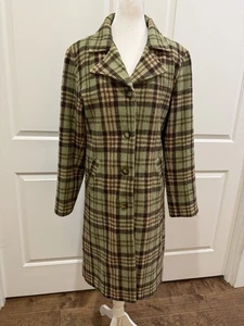 Vintage Plaid Green Brown Wool Coat Preppie Y2K Women's Small - Picture 1 of 12