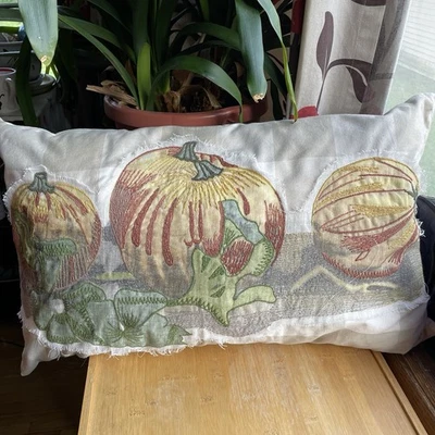 POTTERY BARN Embroider PUMPKIN Patch Checker LUMBAR PILLOW Thanksgving - Image 1 of 4
