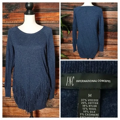 Suéter INC International Concepts Talla M Azul Túnica Flecos Lana Cachemira Seda  Foto 1 de 4