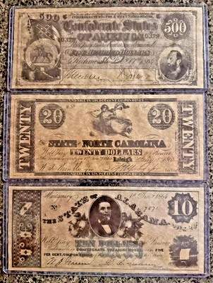 Lot of 3 Confederate States of America Bills $500, $20 & $10 - Image 1 of 2