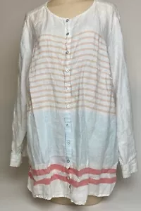 C&C CALIFORNIA Womens 1X Button Up Blouse White Multi Striped 100% Linen Top - Picture 1 of 10