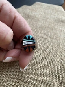 Vintage Heavy Larry Leslie LLC Zuni Inlay Multi Stone Ring Sterling Size 10.5 - Picture 1 of 3