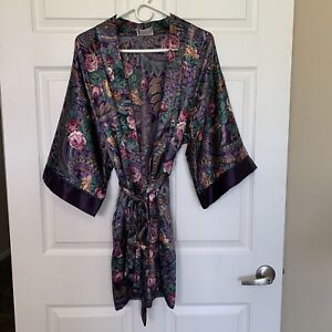Vintage California Dynasty Robe Short Kimono Wrap Purple Floral Satin M Medium