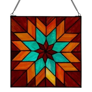 Window Panel Quilt Square Red Teal Square Stained Glass Geometric Hanging Chain - Picture 1 of 8