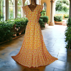Floral Print Ruffle Hem Tea dress size 12 14 yellow orange daisy poppy WEDDING M