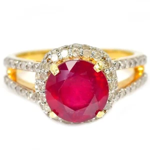 925 STERLING SILVER NATURAL BLOOD RED RUBY ROUND GEMSTONE & RING SIZE 7.25 - Picture 1 of 10
