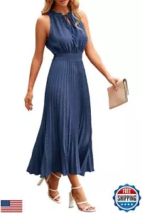 PRETTYGARDEN Women's Midi Summer Dresses Casual V Neck Swiss Dot Ruffle Sleev - Picture 1 of 5