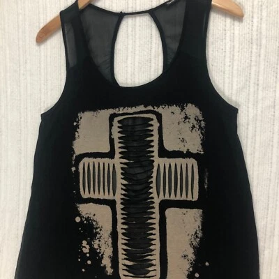 Double Zero Black Tank Top Cross Graphic Sleeveless Casual Top Size M - Image 1 of 4