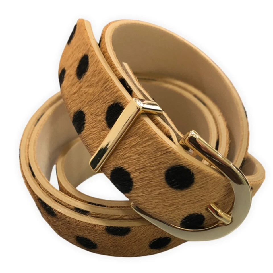 Caractere Cintura Donna Pelle Sottile di Cavallino Beige a Pois Nero con Fibbia  - Immagine 1 di 4