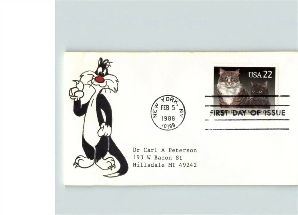 CATS; Hand painted SYLVESTER the CAT, FDC on small Adam Bert envelope # 1 of 1 m - Image 1 of 1