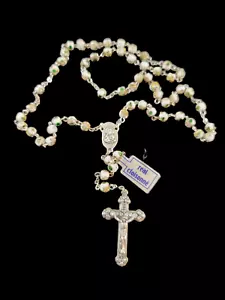 Vera Cloisonne Rosario Bianco Perline Tono Argento Crocifisso Sacro Cuore Medaglia Italia - Foto 1 di 9