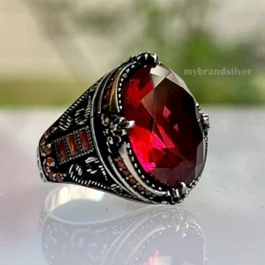 Solid Real Sterling Silver Garnet Stone Men's Ring All Size #TR177 - Picture 1 of 4