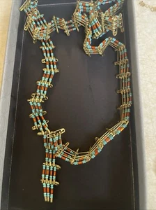 Vtg Handmade W Turquoise/Red Seed Bead Safety Pins Art Necklace Boho 19” Long - Picture 1 of 4