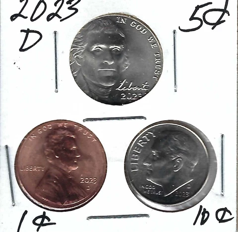 2023 Three Denver Brilliant Uncirculated  Cent, Nickel & Dime Coins! Cover