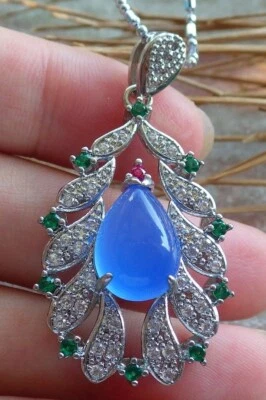 Gold Plate Blue Green AGATE JADE PENDANT Teardrop Diamond Imitation 399092 - Image 1 of 4