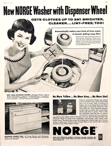 LAVADORA NORGE CON RUEDA DISPENSADORA — GRAN ANUNCIO DE REVISTA 1957 — ANUNCIO IMPRESO ORIGINAL - Imagen 1 de 1
