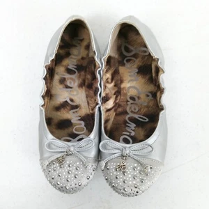Sam Edelman Girls Beatrix Ballet Flats Size 3.5 Silver Bow Rhinestone Shoes - Picture 1 of 7
