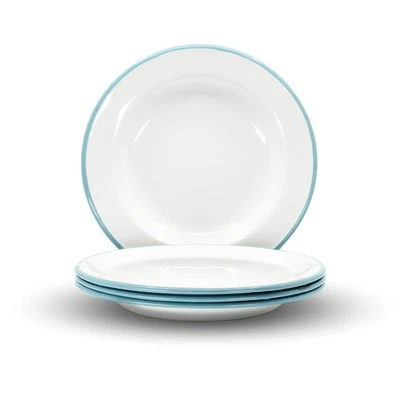 Set of 4 Enamelware Metal Classic 8" Round Salad Plate, Solid White/Teal Rim - Image 1 of 4