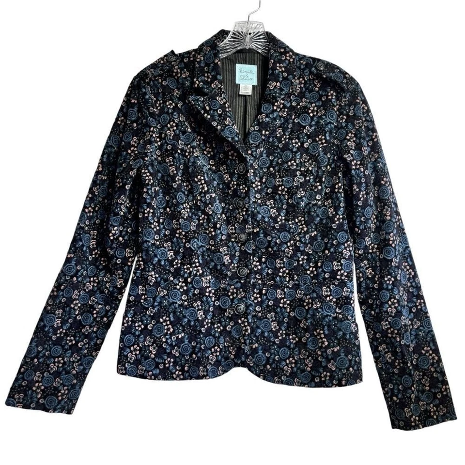 Chaqueta Blazer Kimchi Azul Para Mujer Floral Azul Marino Rosas Estructurada Clásica Retro M Foto 1 de 4