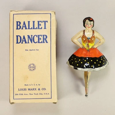 20 世纪 30 年代复古马克思芭蕾舞演员锡陀螺玩具带盒 — 第 1/4 张图片