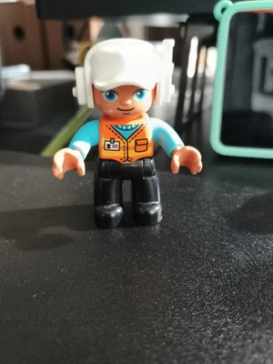 LEGO DUPLO Construction Worker Figure Man Orange Vest White Hat #14 - Image 1 of 4