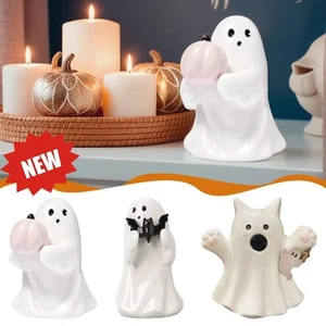 Halloween Cute Ceramic Ghost Holding Pink Pumpkin Bat Resin Statue - Picture 1 of 14