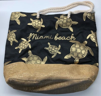 Miami Beach Turtles Unbranded Tote Bag Shoulder Purse Black Golden - Image 1 of 4