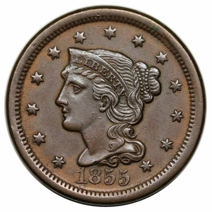 1855 Braided Hair Large Cent, Upright 55, N-4, very rare MDS (c) reverse cud - Bild 1 von 3