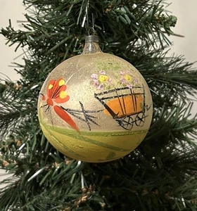 Early VTG German Hand Painted Butterfly Wagon Bird 3” Glass Christmas Ornament - Picture 1 of 10