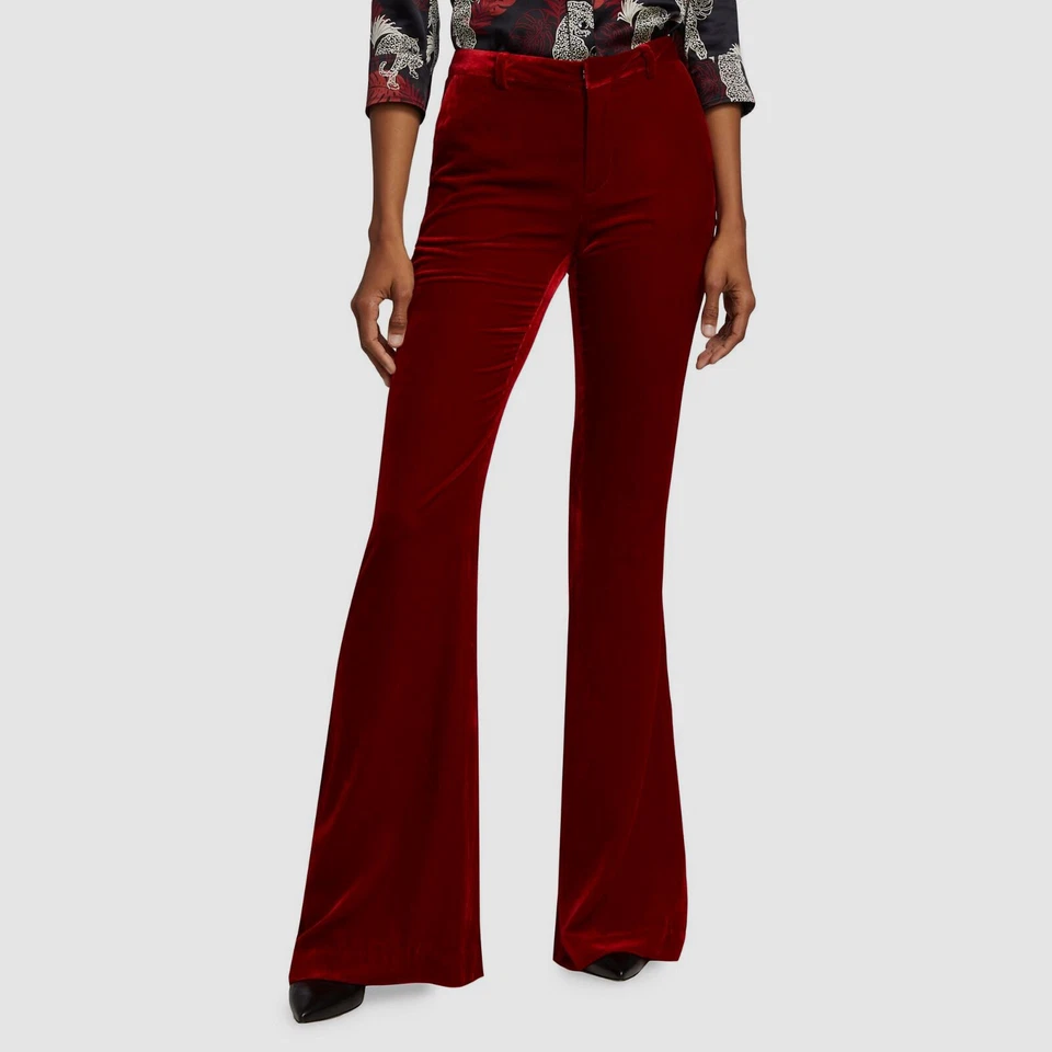 L'agence Women's Red High-Rise Velvet Silk Flared Trouser Pants Size 2