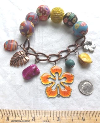 PULSERA M. HASKELL SIN FIRMAR 6 CUENTAS 7 COLGANTE ENCANTO CADENA COBRE Elástica 9"-11"  Foto 1 de 4