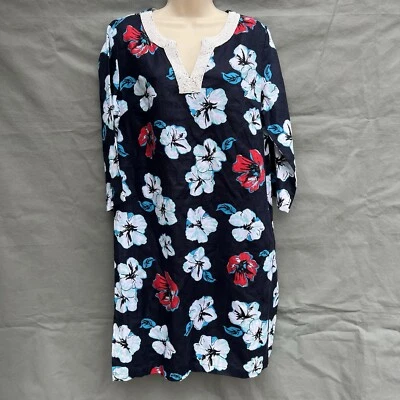 Talbots Tropical Tunic Dress Floral Hibiscus Beaded Neckline 100% Linen Blue M - Image 1 of 4