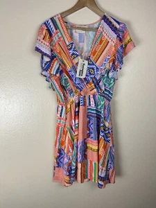 Savanna Jane L Dress Patchwork Wrap Mini Ruffle Quilted SouthWestern Aztec - Picture 1 of 4