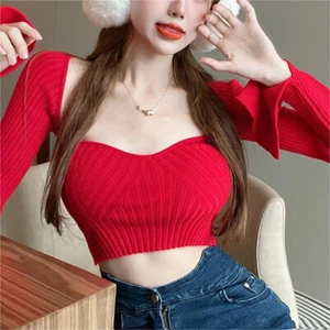 Autumn Winter Women Sexy Red Square Neck Long Sleeve Slim Short Knitted Sweater - Picture 1 of 11