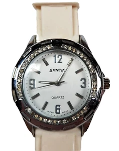 Santini Women's 9.5" Silvertone Watch Cream Rubber Band New Battery - Picture 1 of 4
