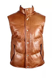 MEN'S K1 PUFFER TAN Waxed New Designer Winter Soft Lambskin Leather Waistcoat - Picture 1 of 11