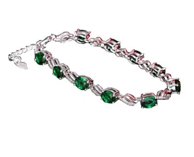 Mujer Niña Chapado en Oro Blanco 18K Circonita Cúbica Verde Cadena 8" G16 Foto 1 de 4