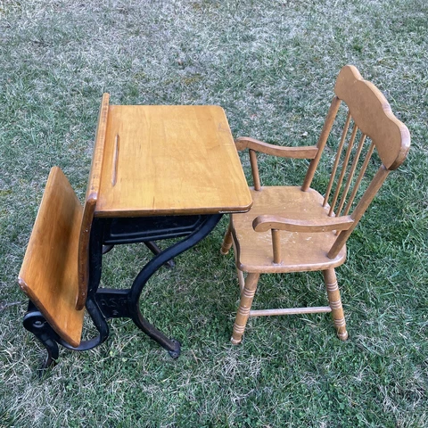 Vintage Antique Wood Child’s School Desk w/Folding Seat, Cast Iron Base & Chair Cover