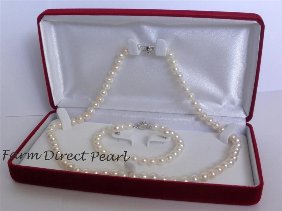 Conjunto de pendientes pulsera collar perlas blancas cultivadas de 7 mm 8 mm 18 pulgadas agua dulce Foto 1 de 1