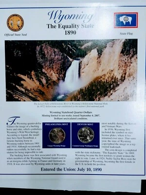 U.S MINT SET WYOMING QUARTERS &  STATE  STAMP PLAQUE - Image 1 of 4