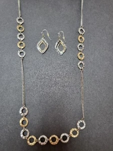 Hammered Necklace & Earrings Set Chain Link Circles Gold Silver Metal Satellite - Picture 1 of 8
