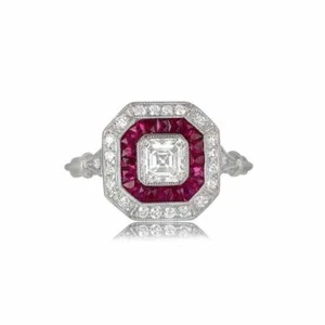 3ct Asscher Simulated Diamond Ruby Trendy Halo Art Deco Ring White Gold Plated - Picture 1 of 7