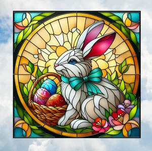 Easter Bunny & Basket Faux Stained-Glass WINDOW CLING Size 8" Square Vinyl - Picture 1 of 1