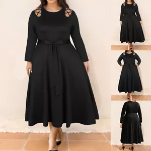 PLUS SIZE ⭐ Womens Plain Cold Shoulder Swing Dress Casual Long Sleeve Midi Dress - Picture 1 of 15