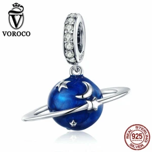 Voroco Authentic 925 Silver Charm Enamel Blue Planet Dangle &CZ DIY for Bracelet - Picture 1 of 5