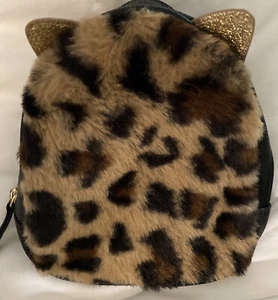 CUTE Bath Bodyworks Makeup Bag Fuzzy Leopard Cat Ears Zip Around Black Gold - Picture 1 of 6