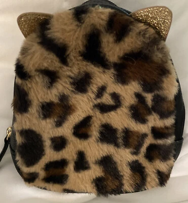 CUTE Bath Bodyworks Makeup Bag Fuzzy Leopard Cat Ears Zip Around Black Gold - Image 1 of 4