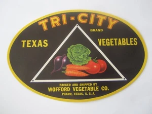 Antiguo Vintage - TRI CITY - ETIQUETA DE VERDURAS - Wofford Vegetable Co. - PHARR TEXAS - Imagen 1 de 1