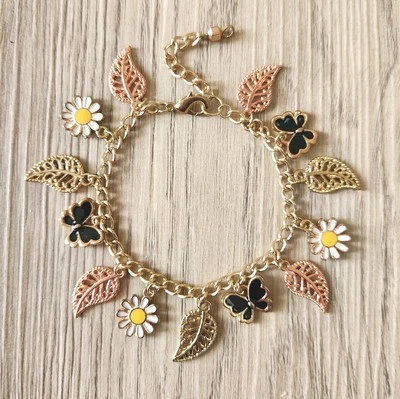 Pulsera Cloisonne Charm Cadena Flor Mariposa Tono Dorado 6.5" Con Extensión 1" X Foto 1 de 4