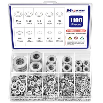 1100-Pcs 304 Stainless Steel Flat Washer Assortment Kit M2–M12 for Screws